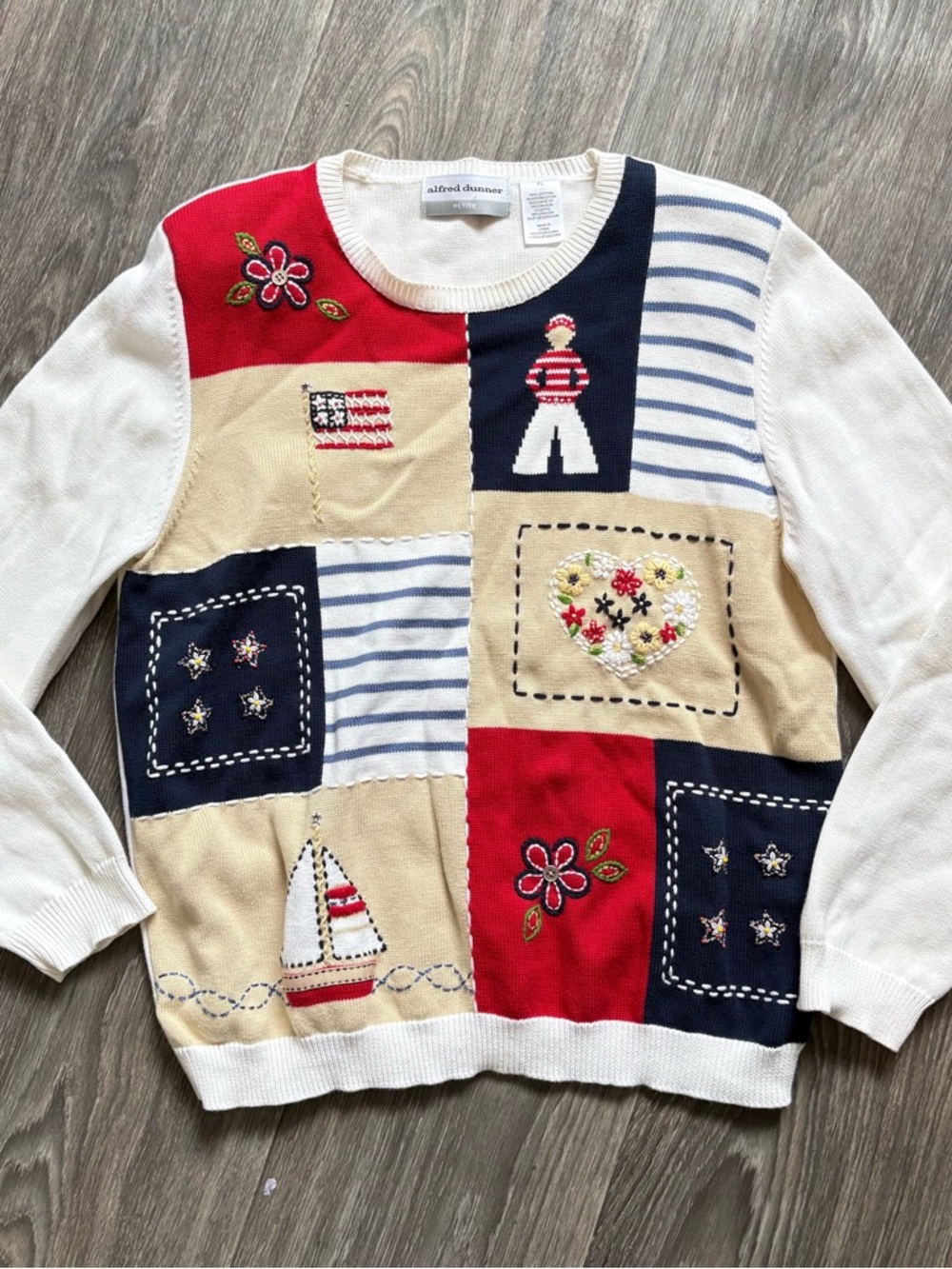 VTG Alfred Dunner flag patchwork sweater nautical